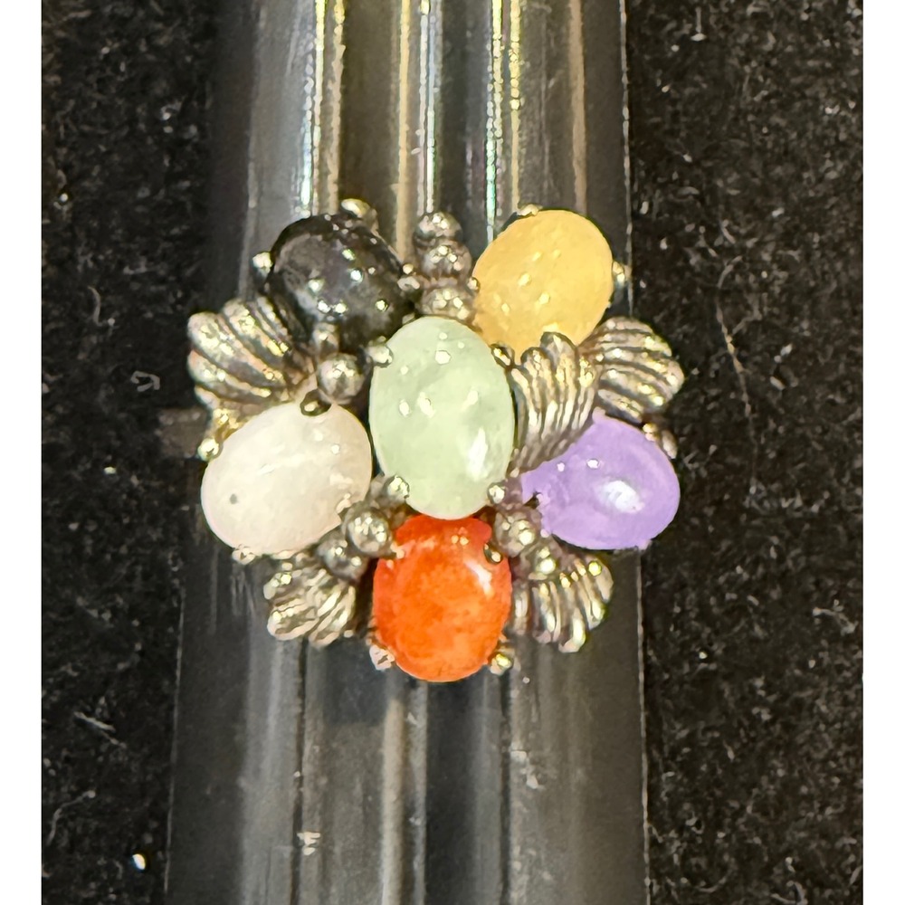 Vintage 925 Sterling Silver Multi Color Gemstone Cluster Ring sz 9 Cabochon Boho
